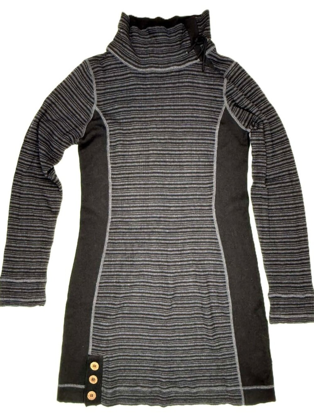 prAna Kelland Sweater Dress Women Large L Gray Black Stripe Cowl Neck Wool Blend